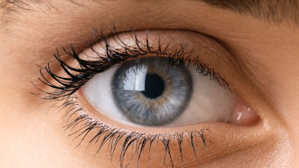 Birth — close-up of a grey-blue eye