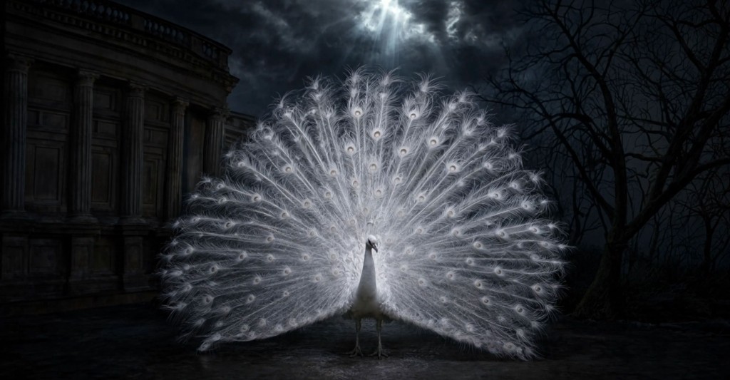 Birth — white peacock with tail fanned