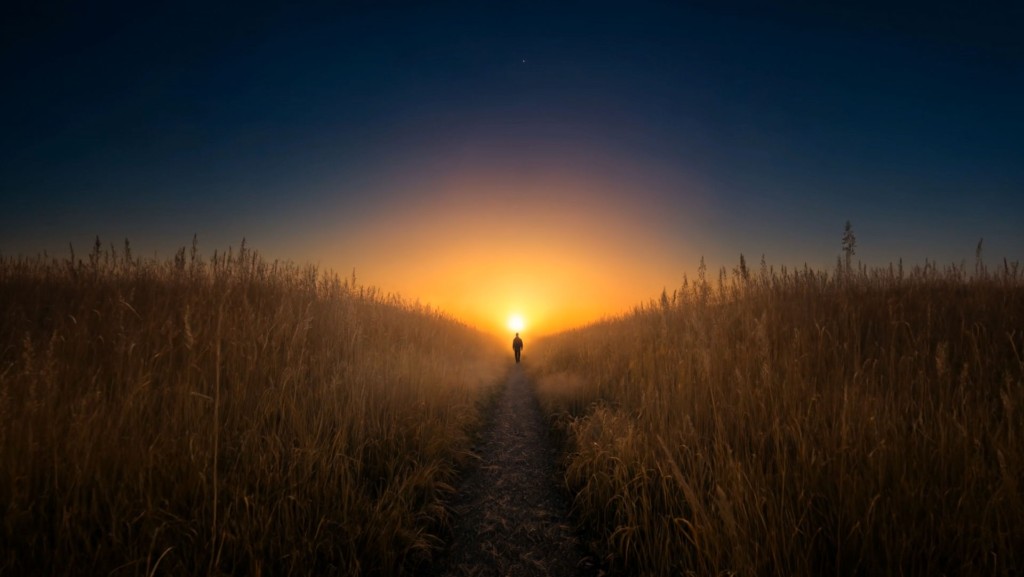 Birth — figure walking a path through wheat toward sunset