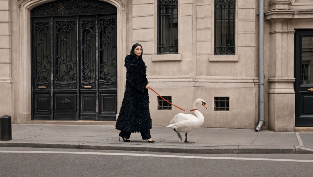 Birth — woman walking a swan on a city sidewalk