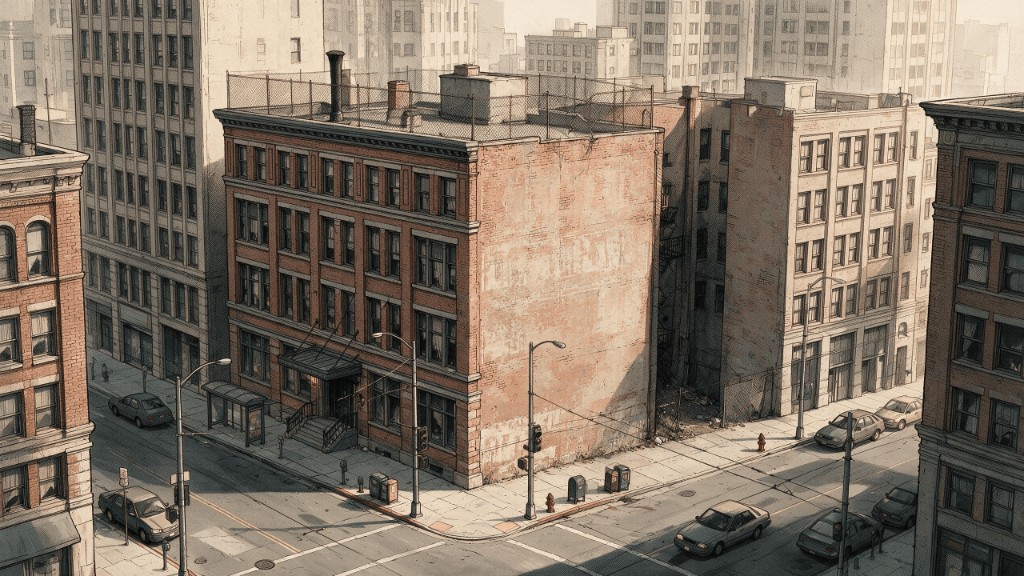 Downhill SF — aerial view of a San Francisco corner building