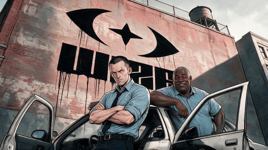 Downhill SF — two officers in front of the Wize mural