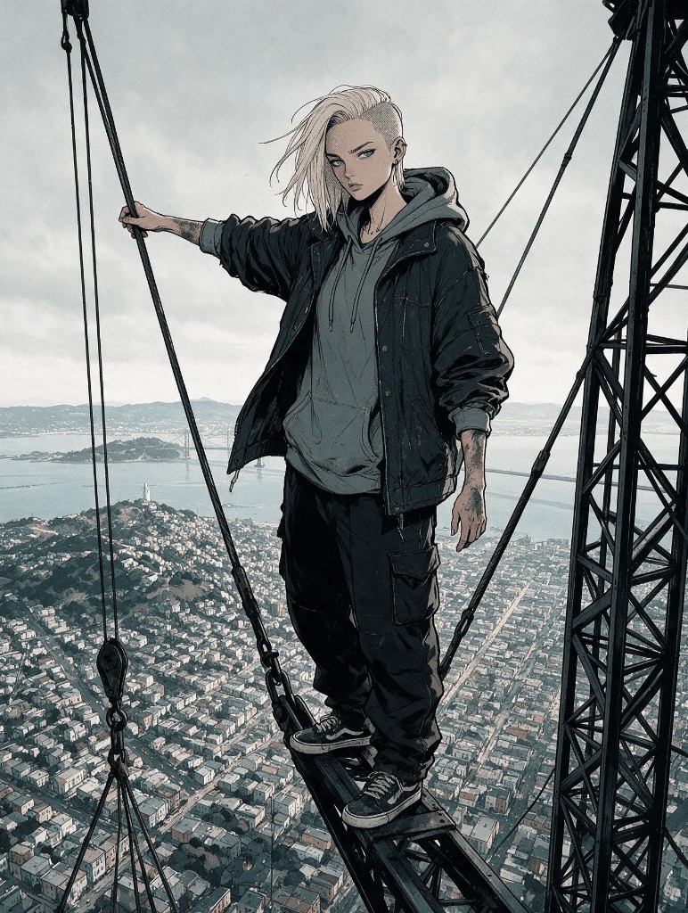 Downhill SF — figure standing on a crane above the city