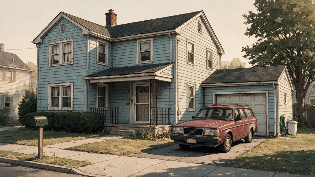Downhill SF — blue hillside house and red station wagon