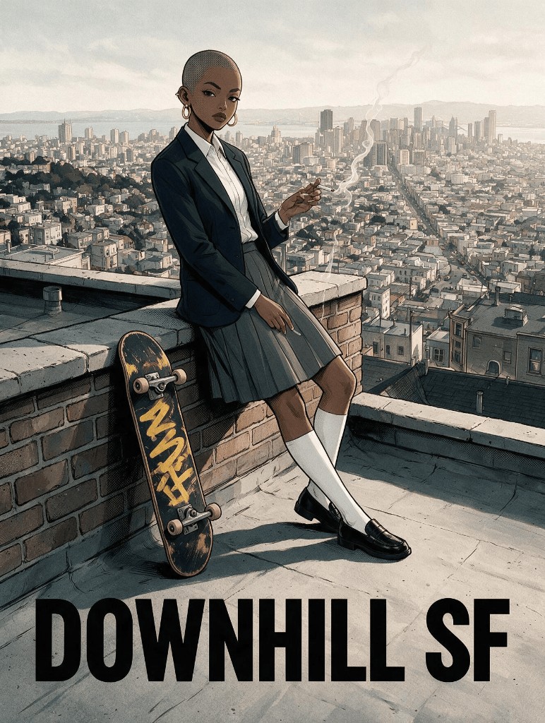 Downhill SF — skater on a rooftop overlooking the city