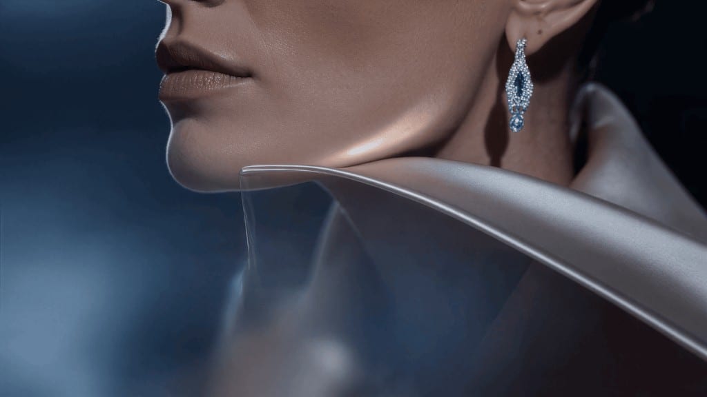 WIZE Fashion — close-up of a diamond earring against a metallic collar