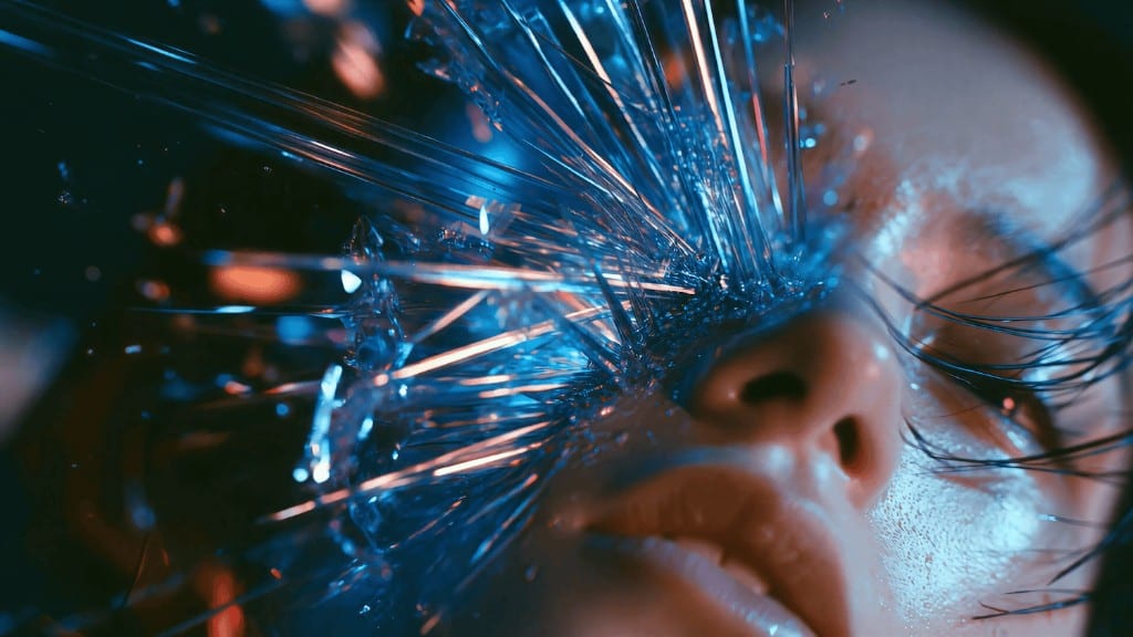 WIZE Fashion — close-up of a face with exploding blue glass