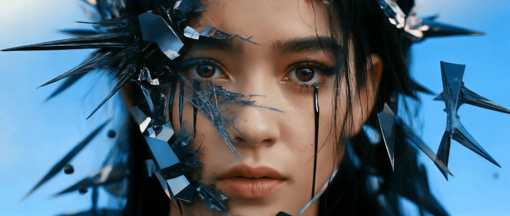 WIZE Fashion — portrait with black crystal shards and a blue tear