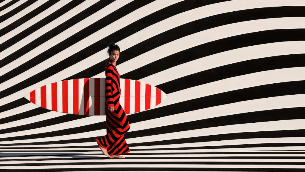 WIZE Fashion — model with a red striped surfboard on black and white stripes