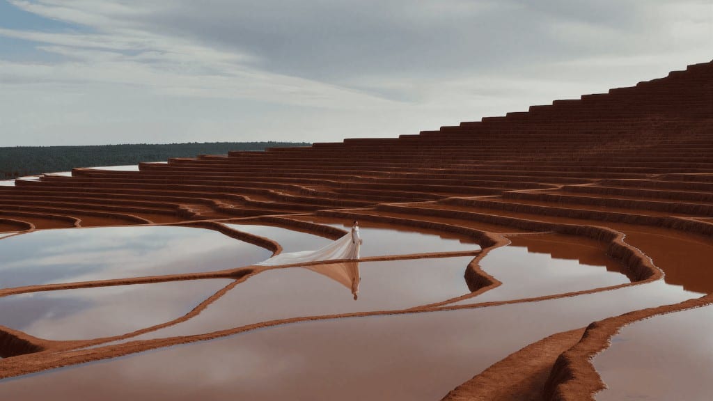 WIZE Fashion — figure in a white gown on terracotta water terraces