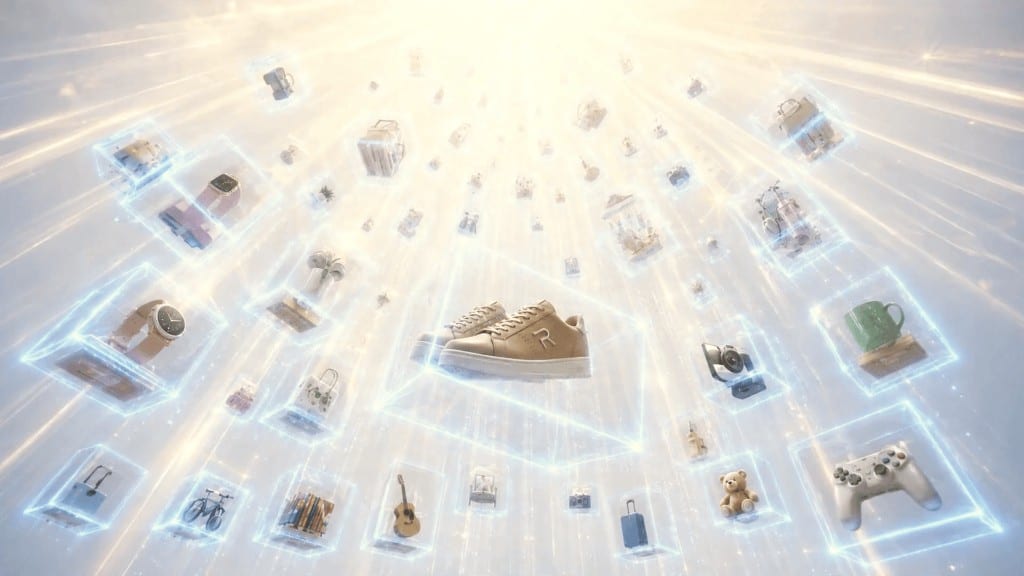 Commercial Lengow — sneakers among floating products of light