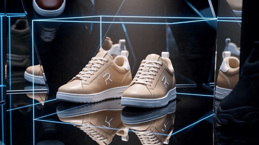 Commercial Lengow — beige sneakers on a black reflective display