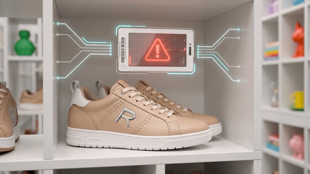 Commercial Lengow — holographic scan alert above beige sneakers