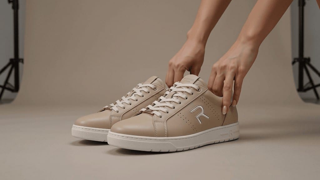 Commercial Lengow — hands placing beige sneakers in a studio