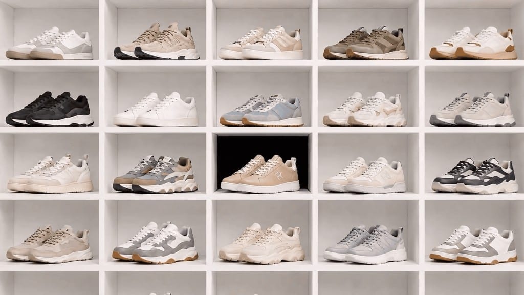 Commercial Lengow — wall of sneakers in white cubbies