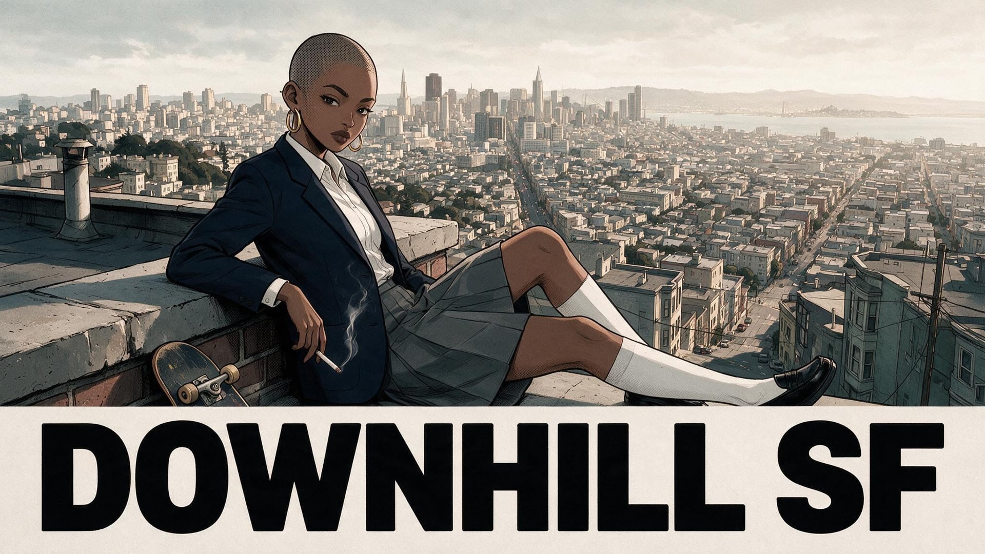 Downhill SF — illustrated skater on a San Francisco rooftop
