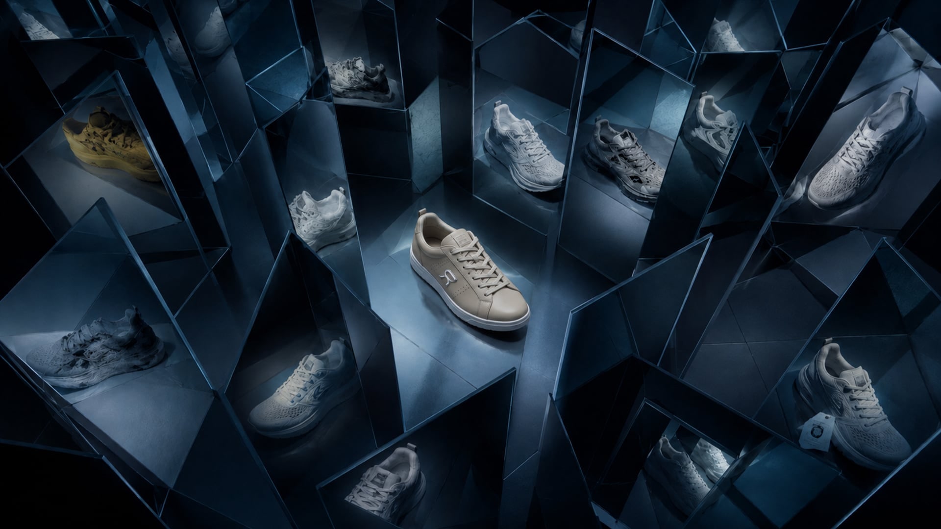 Lengow — beige sneaker among mirrored cubes